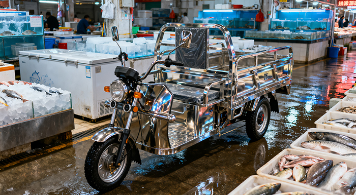 YuejiujiuStainless Steel Electric Tricycles：广西钦州沙塘水产批发城 “Anti-rust利器”